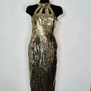 Vintage 80s Nadine Gold Sequin Prom Dress: Halter Neck Cut Outs Maxi S/M